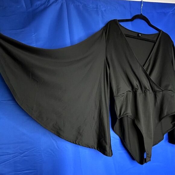 Women's Black Deep V-Neck Bodysuit Flare Sleeve 2XL Whimsygoth Fairygrunge Moody - Picture 3 of 8